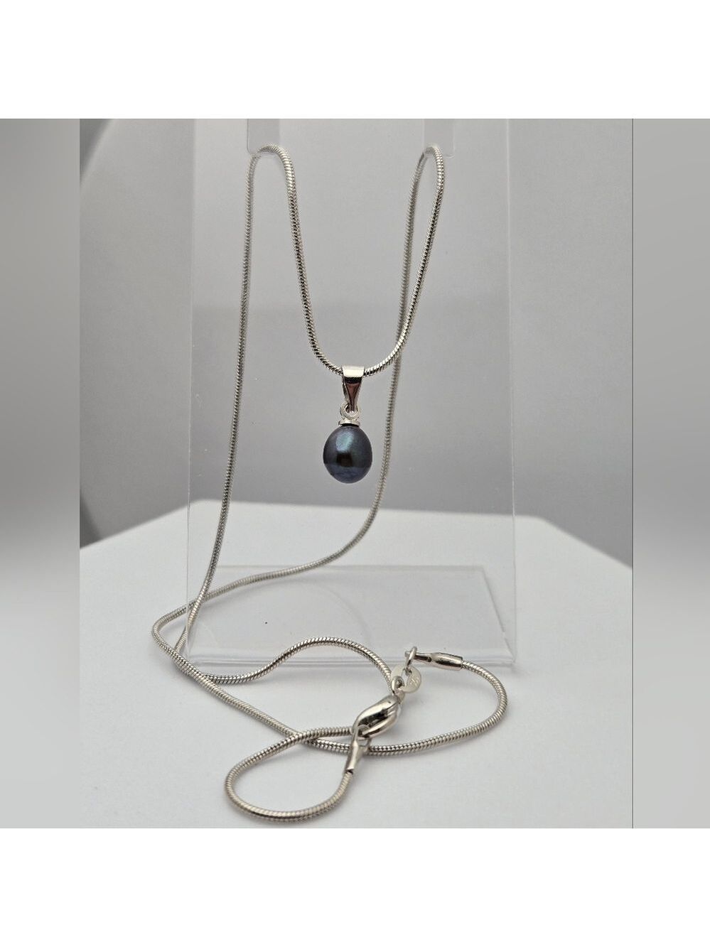 Freshwater Black Dark Real Pearl Necklace 18” Silver Plated Snake Chain NWOT